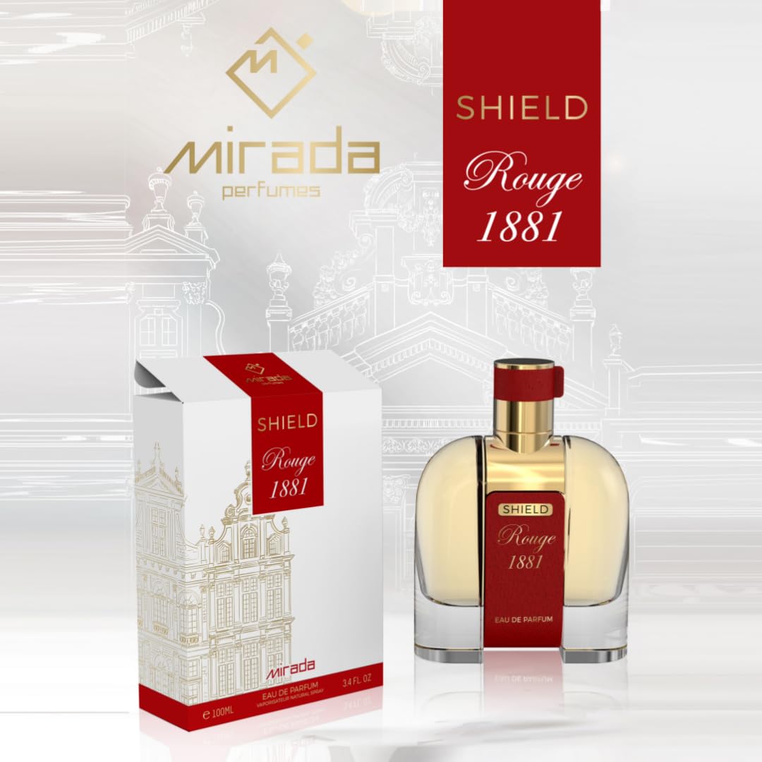 MIRADA Shield Rouge 1881, Unisex Eau de Parfum (EDP) 3.4 FL. Oz (100ml), Unisex Perfume with Notes of Saffron, Jasmine, Rose, Amberwood, Ambergris, Fir Resin, Cedar