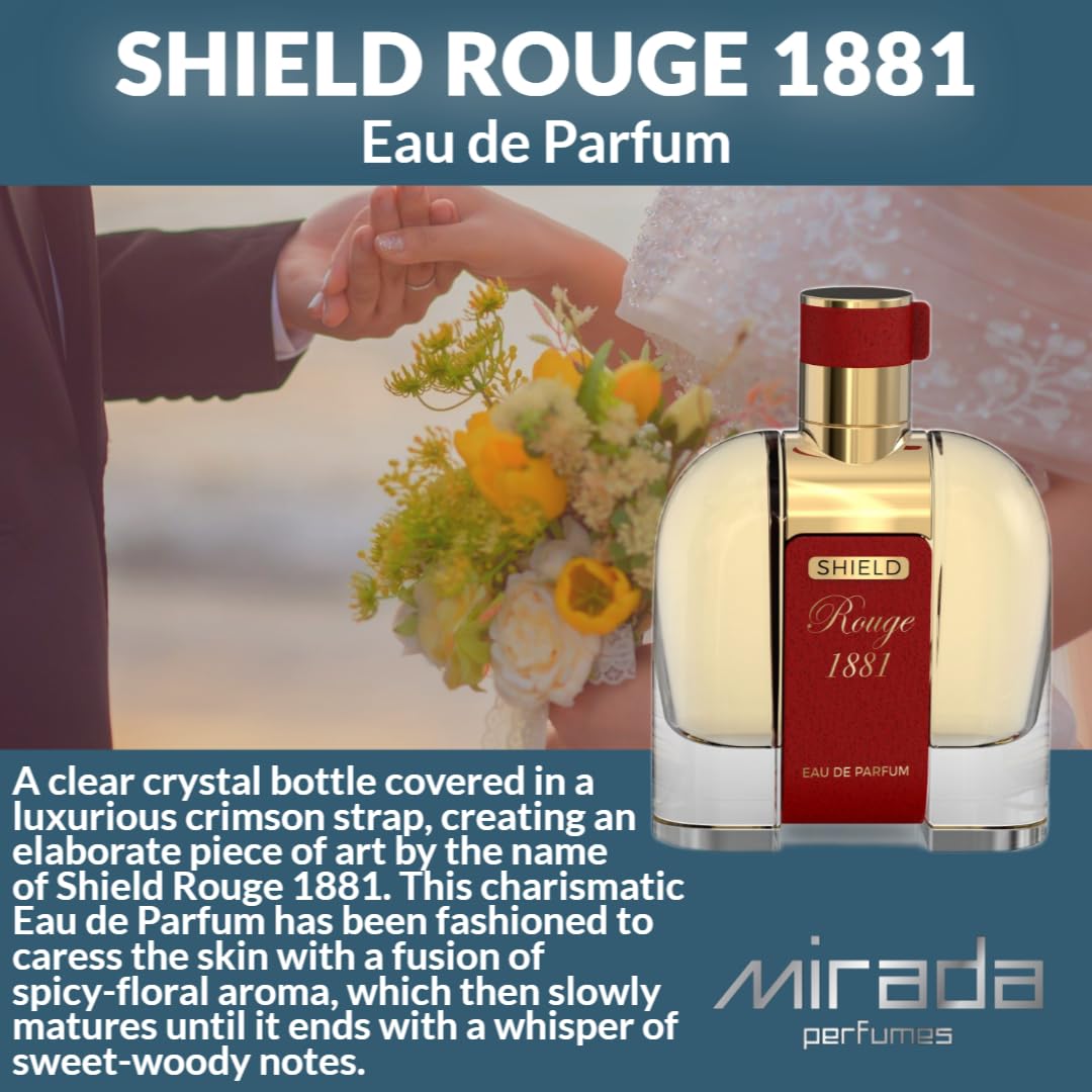 MIRADA Shield Rouge 1881, Unisex Eau de Parfum (EDP) 3.4 FL. Oz (100ml), Unisex Perfume with Notes of Saffron, Jasmine, Rose, Amberwood, Ambergris, Fir Resin, Cedar