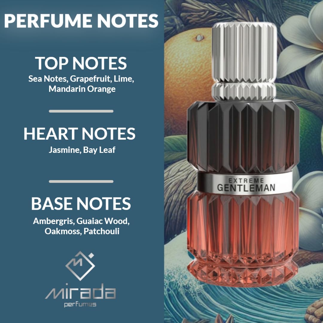 MIRADA Gentleman Extreme, Men's Eau de Parfum (EDP) 3.4 FL. Oz (100ml), Men’s Perfume with Notes of Sea Notes, Grapefruit, Lime, Mandarin Orange, Jasmine, Bay Leaf, Ambergris, Guaiac Wood, Oakmoss