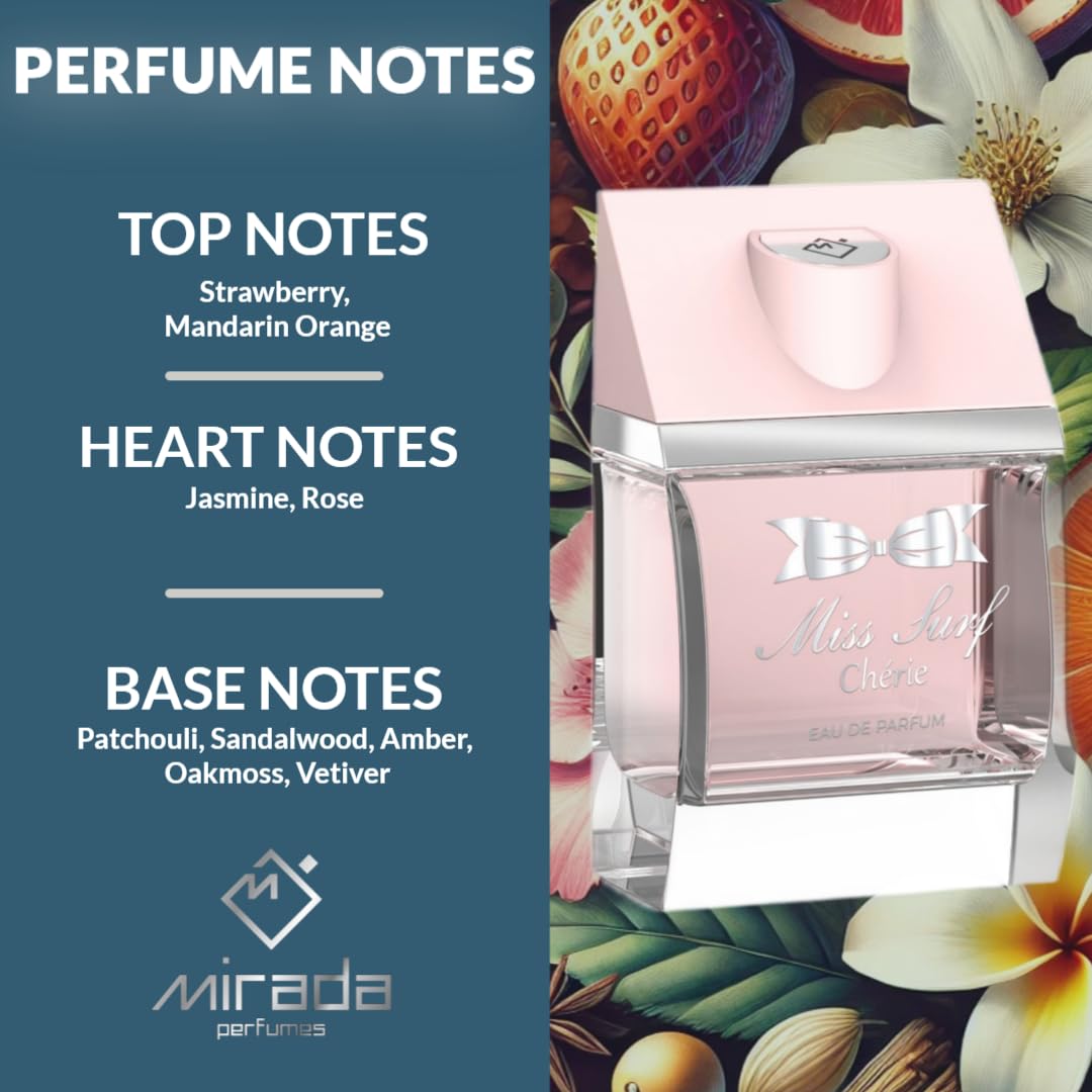 MIRADA Miss Surf Chérie, Women's Eau de Parfum (EDP) 3.4 FL. Oz (100ml), Women’s Perfume with Notes of Strawberry, Mandarin Orange, Jasmine, Rose, Patchouli, Sandalwood, Amber, Oakmoss, Vetiver