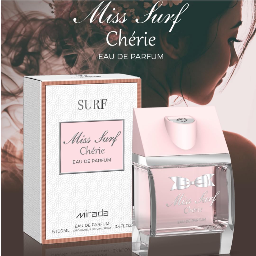 MIRADA Miss Surf Chérie, Women's Eau de Parfum (EDP) 3.4 FL. Oz (100ml), Women’s Perfume with Notes of Strawberry, Mandarin Orange, Jasmine, Rose, Patchouli, Sandalwood, Amber, Oakmoss, Vetiver