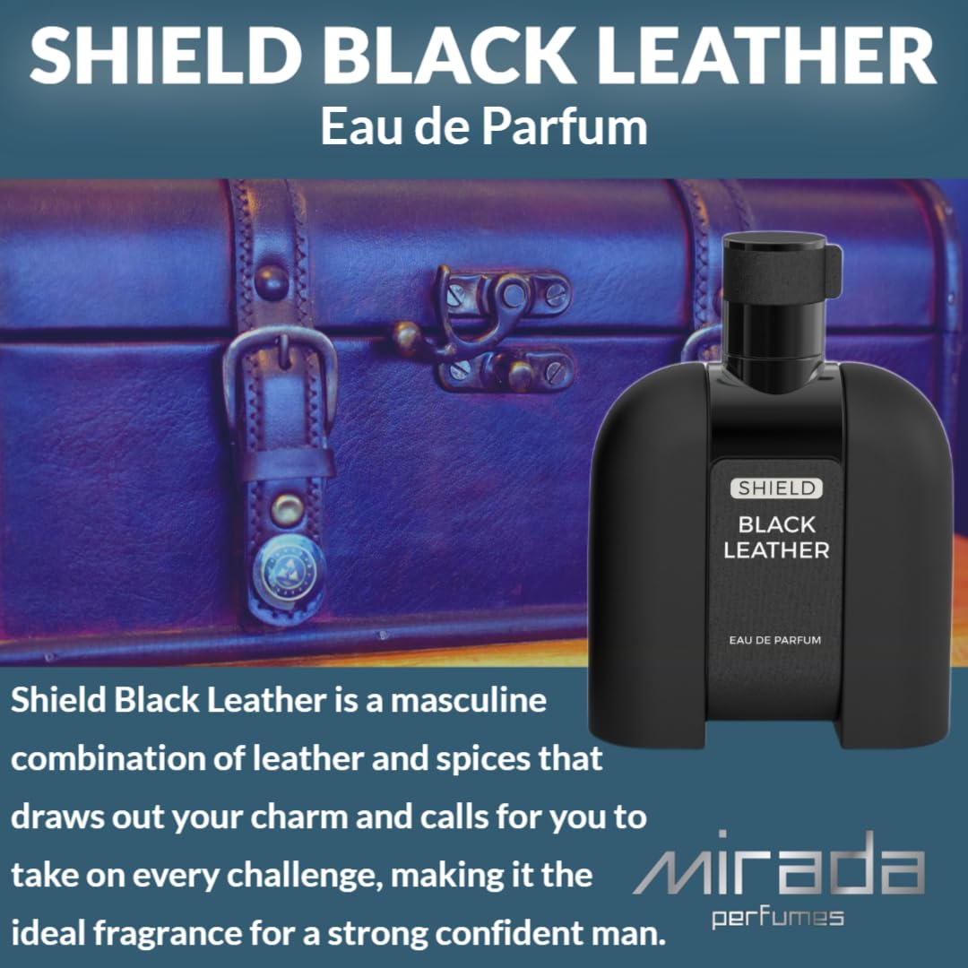 MIRADA Shield Black Leather, Men's Eau de Parfum (EDP) 3.4 FL. Oz (100ml), Men’s Perfume with Notes of Cardamom, Leather, Jasmine, Patchouli, Amber and Moss