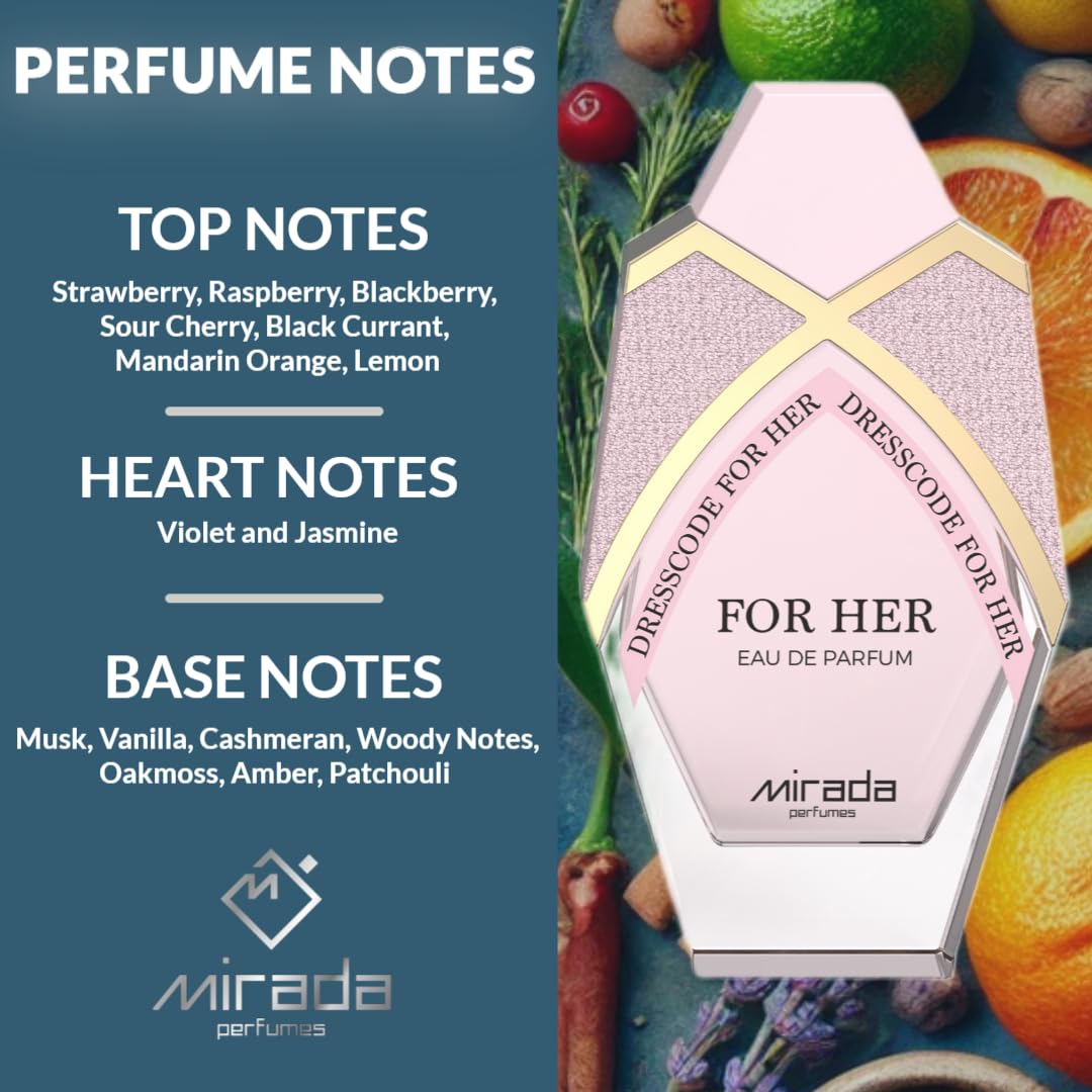 MIRADA Dresscode For Her, Women's Eau de Parfum (EDP) 2.8 FL. Oz (85ml), Women’s Perfume with Notes of Strawberry, Raspberry, Blackberry, Sour Cherry, Black Currant, Mandarin Orange, Lemon, Violet