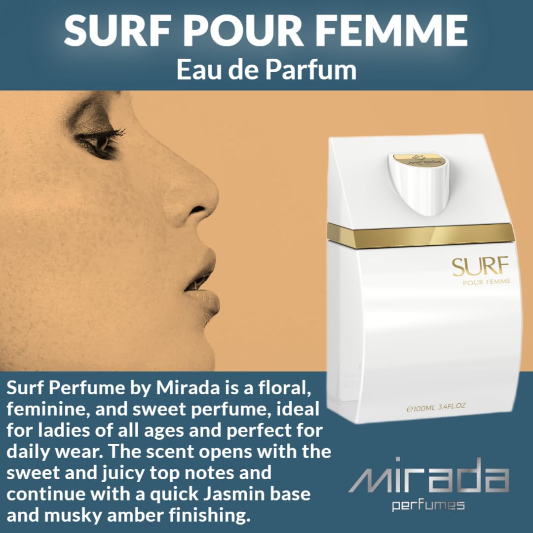 MIRADA Surf Pour Femme, Women's Eau de Parfum (EDP) 3.4 FL. Oz (100ml), Women’s Perfume with Notes of Floral, Bergamot, Sandalwood, Lily, Privet, Jasmine, Patchouli, Ambery