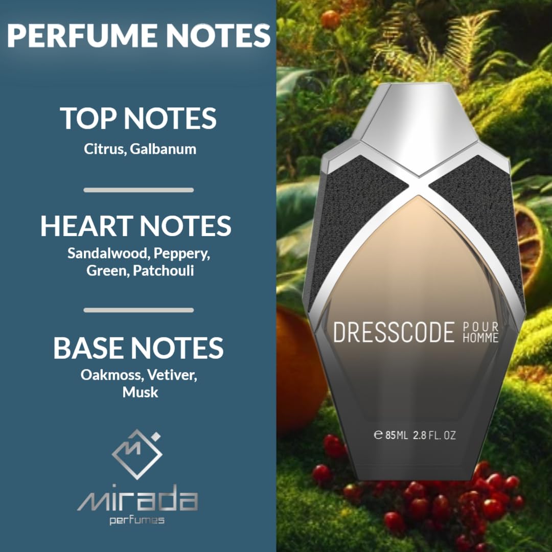 MIRADA Dresscode Pour Homme, Men's Eau de Parfum (EDP) 2.8 FL. Oz (85ml), Men’s Perfume with Notes of Citrus, Galbanum, Sandalwood, Peppery, Green, Patchouli, Oakmoss, Vetiver, Musk