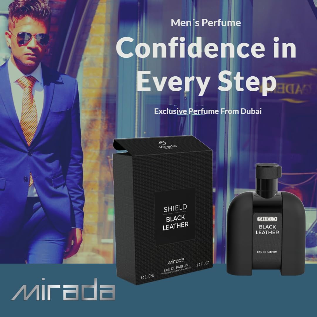 MIRADA Shield Black Leather, Men's Eau de Parfum (EDP) 3.4 FL. Oz (100ml), Men’s Perfume with Notes of Cardamom, Leather, Jasmine, Patchouli, Amber and Moss