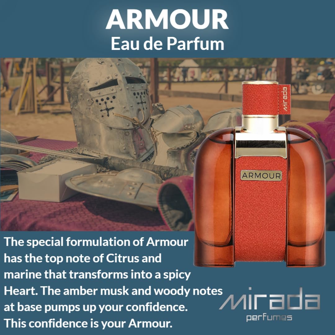 MIRADA Armour, Men's Eau de Parfum (EDP) 3.4 FL. Oz (100ml), Men’s Perfume with Notes of Cardamom, Leather, Jasmine, Patchouli, Amber, Moss